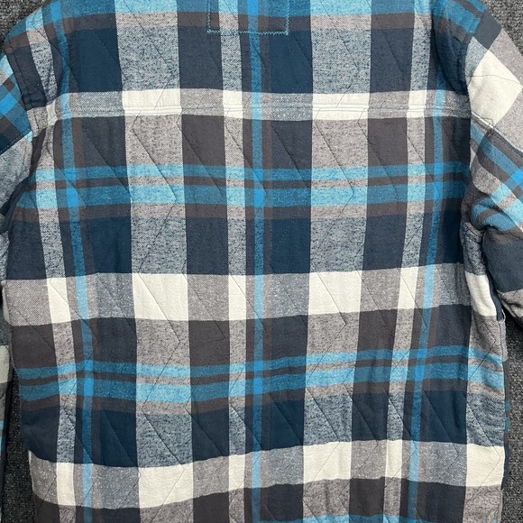 Vintage 90s Y2K OP Shacket Mens L Flannel Plaid Hoodie Quilted Blue Gray Skiwear - Picture 11 of 14